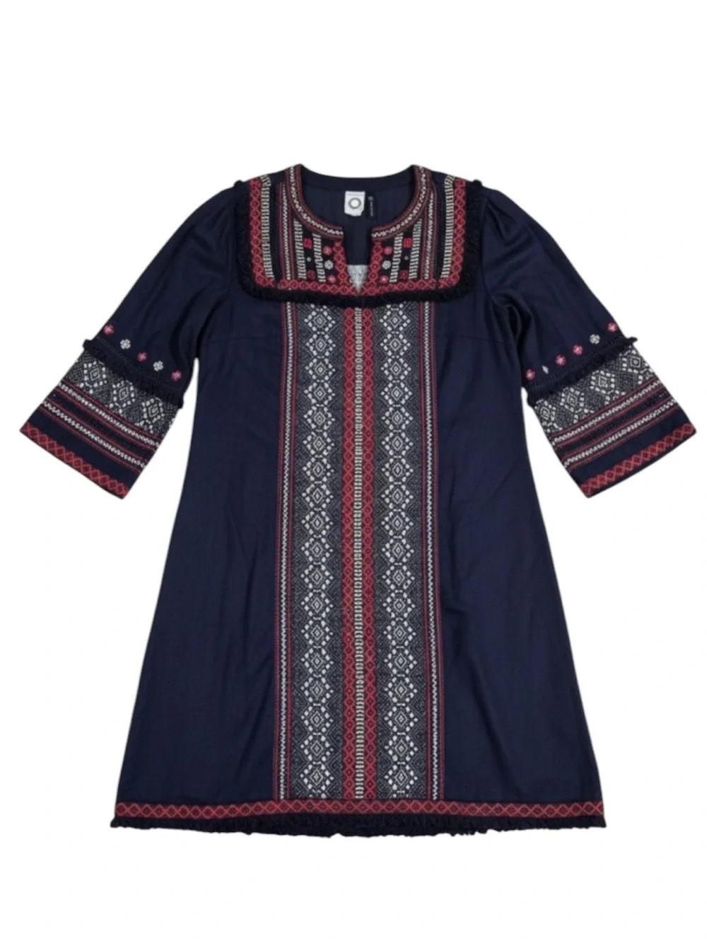 Akemi + Kin Anthropologie Embroidered Boho Shift Dress Navy Fringe Size 6